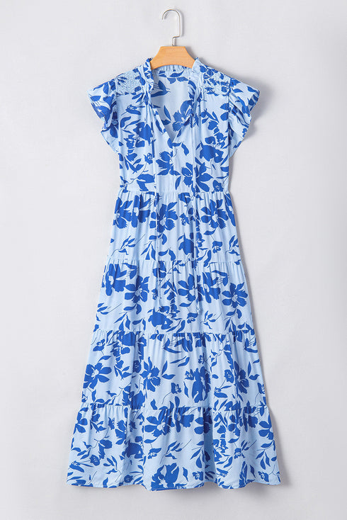 Floral Print Tiered Frilled Trim Flutter Sleeve Maxi Dress